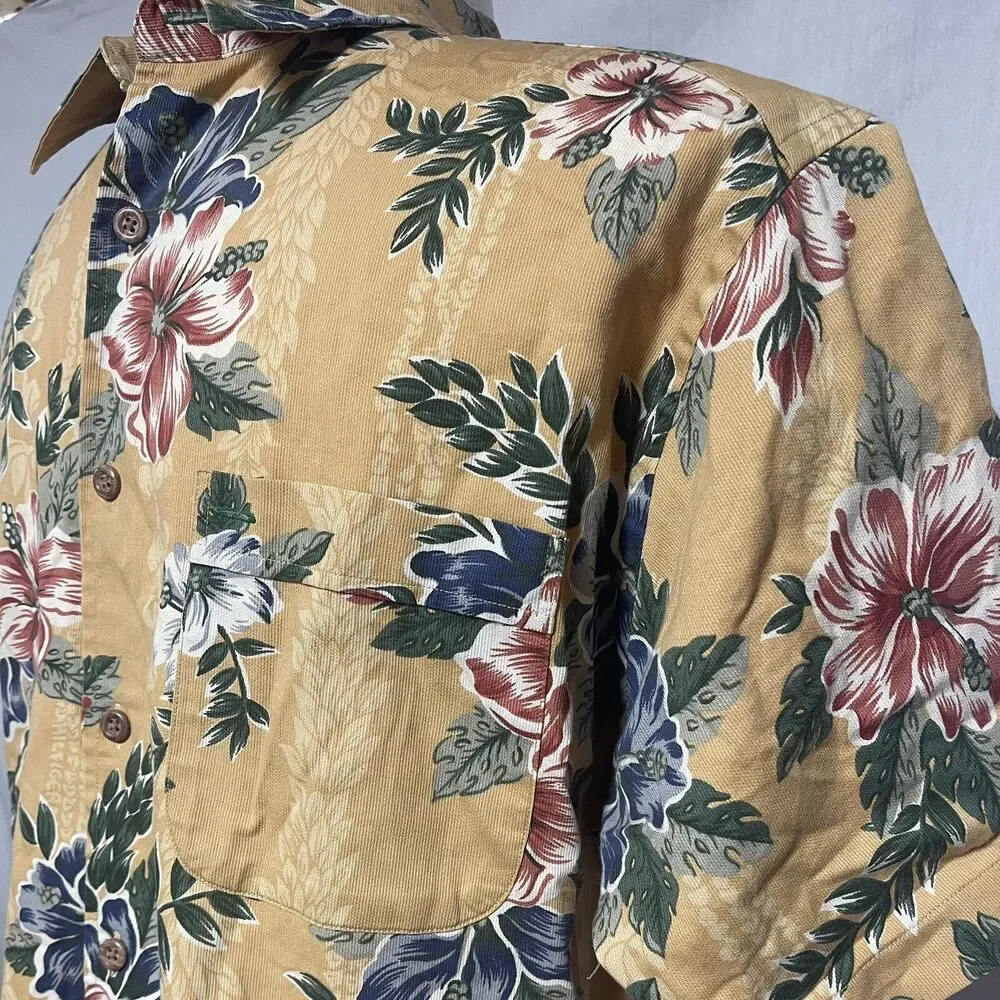 An Original by Tommy Hilfiger Mens Mustard Hawaiian Shirt Floral Hibiscus Large